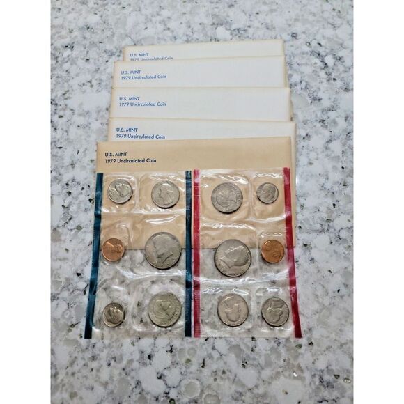 1979 US Mint Set - 12-Coin P&D Uncirculated Lot Of 5-1 Red 1 Blue Each Envelope - Picture 1 of 16